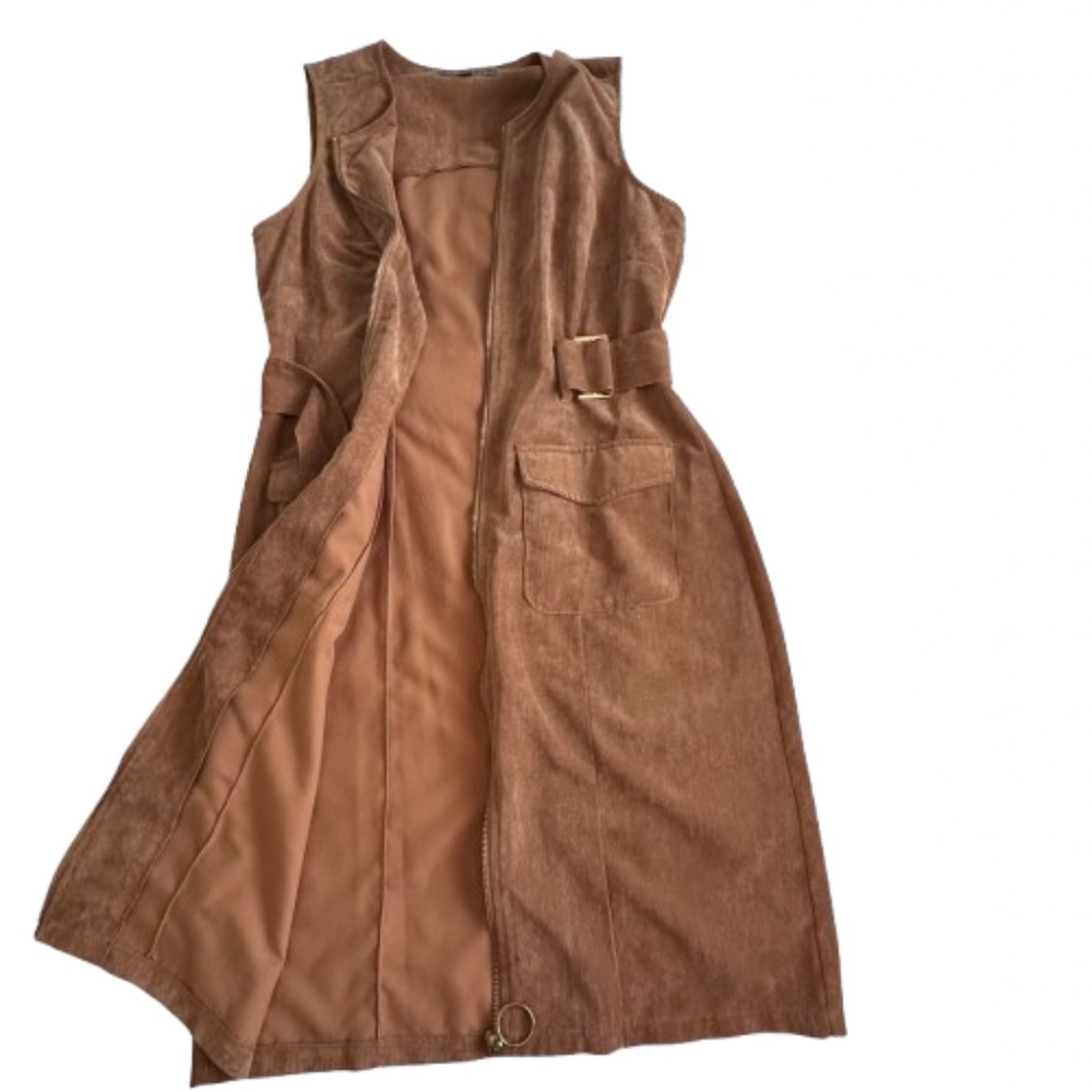 NWT Sharagano Women' 4 Brown Wet Sand Sleeveless Full Zip Midi Corduroy Dress - Picture 7 of 15